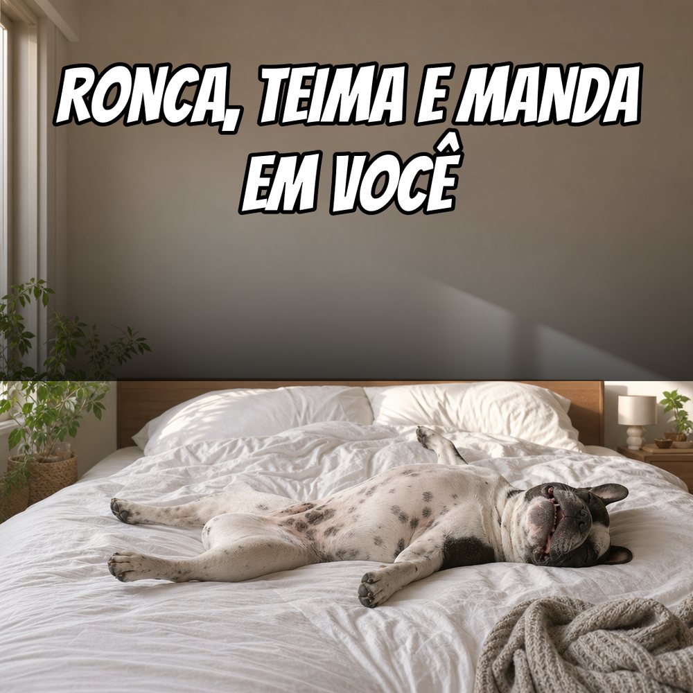 Rejected render: a French bulldog lying belly-up on a bed under the headline, drawn with no visible eyes and an elongated body of another breed; the darkened band behind the text ends in a hard horizontal line.